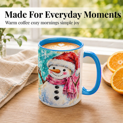 #pl[15oz|Blue] Snowman Santa Hat Coffee Mug, Pink Scarf Snowman Mug, Ceramic Cup