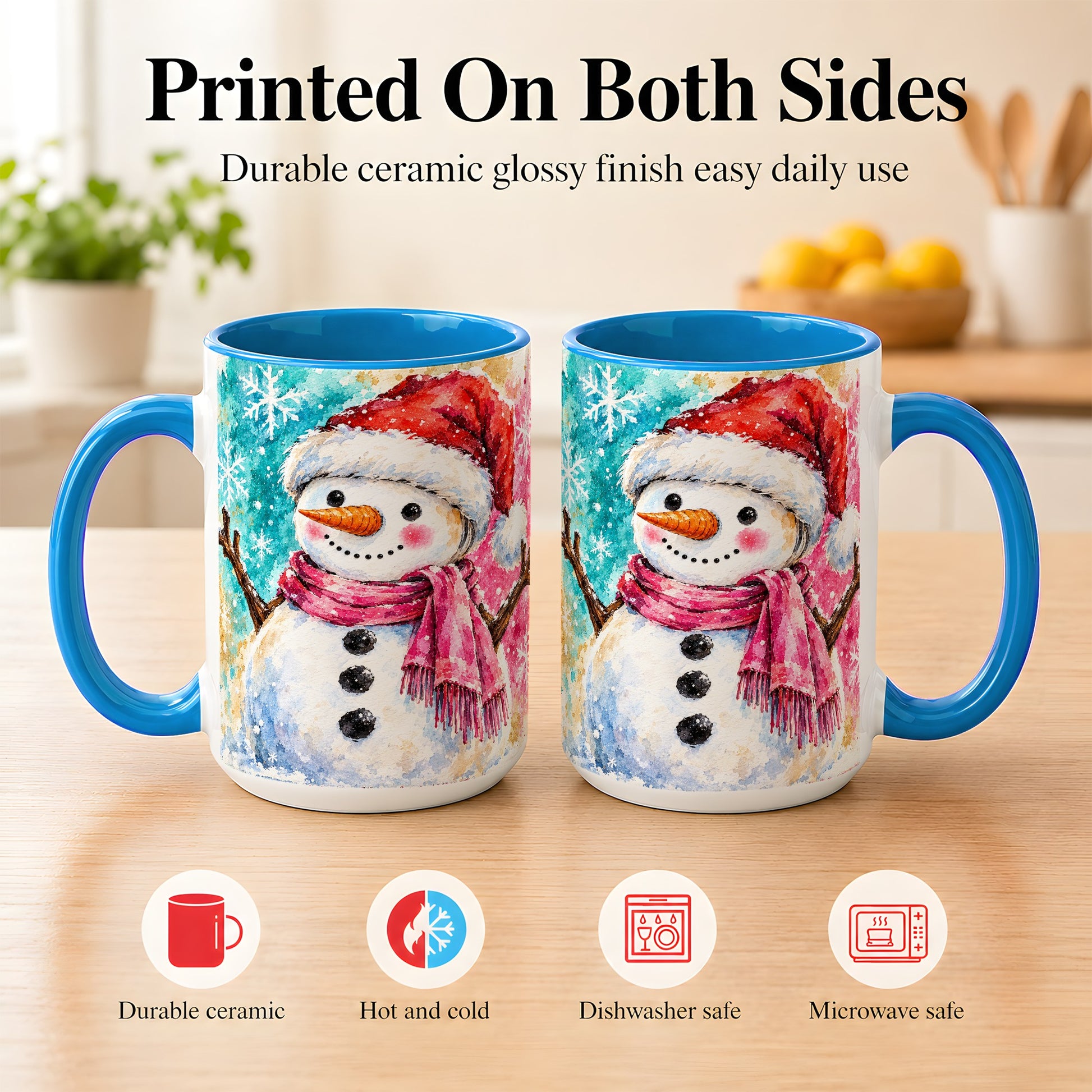 #pl[15oz|Blue] Snowman Santa Hat Coffee Mug, Pink Scarf Snowman Mug, Ceramic Cup