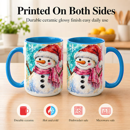 #pl[15oz|Blue] Snowman Santa Hat Coffee Mug, Pink Scarf Snowman Mug, Ceramic Cup
