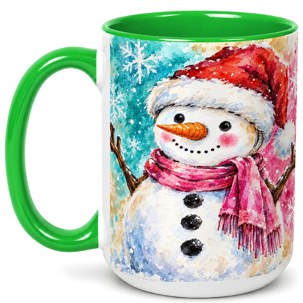 #pl[15oz|Green] Snowman Santa Hat Coffee Mug, Pink Scarf Snowman Mug, Ceramic Cup
