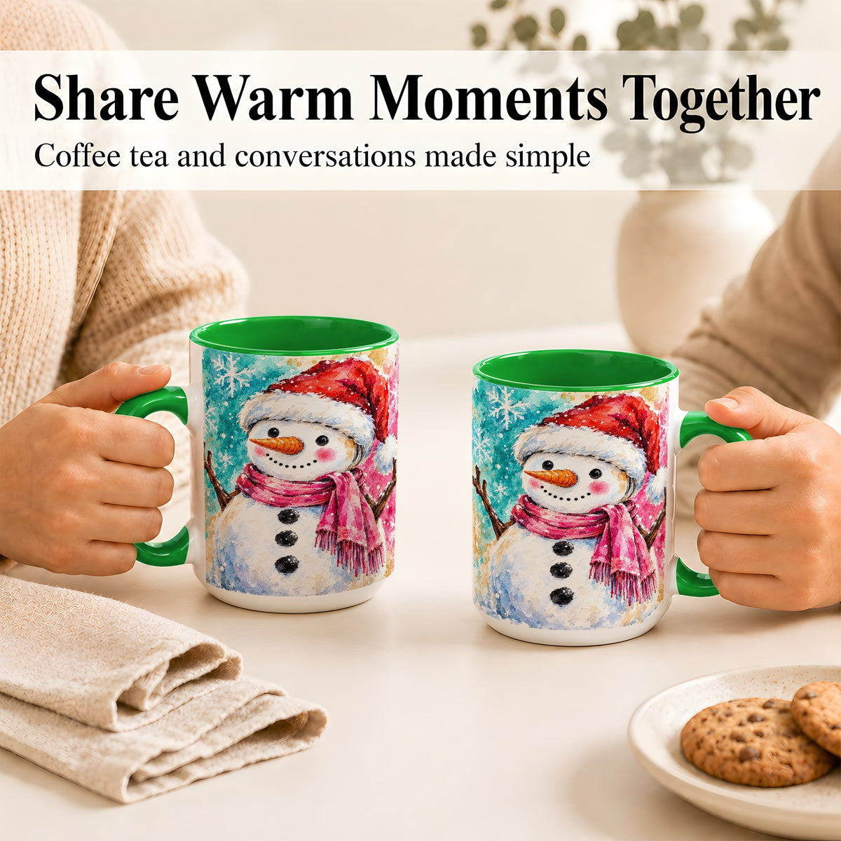 #pl[15oz|Green] Snowman Santa Hat Coffee Mug, Pink Scarf Snowman Mug, Ceramic Cup