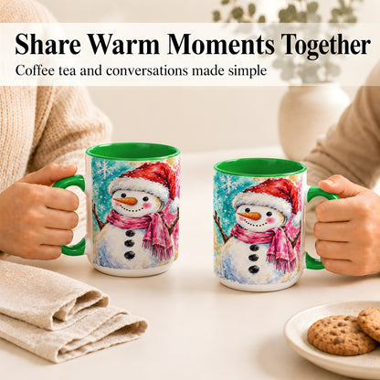#pl[15oz|Green] Snowman Santa Hat Coffee Mug, Pink Scarf Snowman Mug, Ceramic Cup
