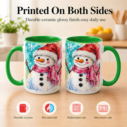 #pl[15oz|Green] Snowman Santa Hat Coffee Mug, Pink Scarf Snowman Mug, Ceramic Cup