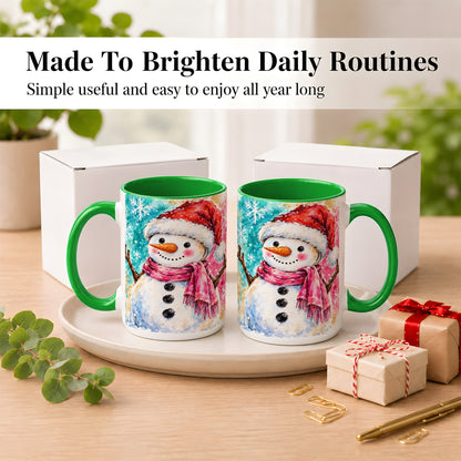 #pl[15oz|Green] Snowman Santa Hat Coffee Mug, Pink Scarf Snowman Mug, Ceramic Cup