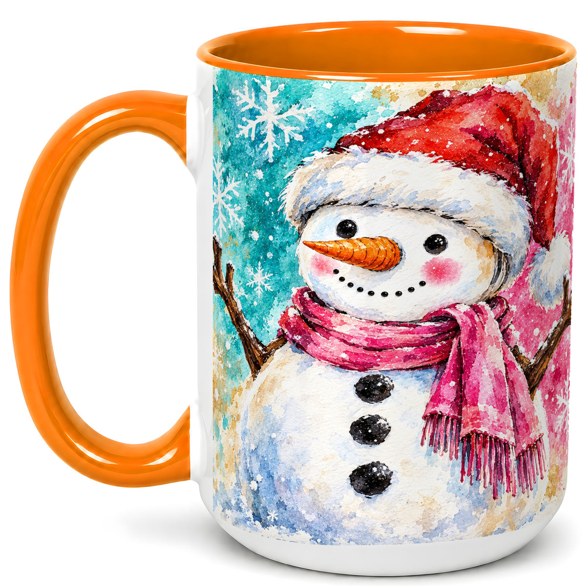 #pl[15oz|Orange] Snowman Santa Hat Coffee Mug, Pink Scarf Snowman Mug, Ceramic Cup