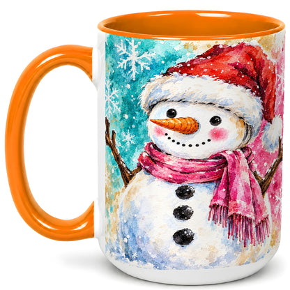 #pl[15oz|Orange] Snowman Santa Hat Coffee Mug, Pink Scarf Snowman Mug, Ceramic Cup