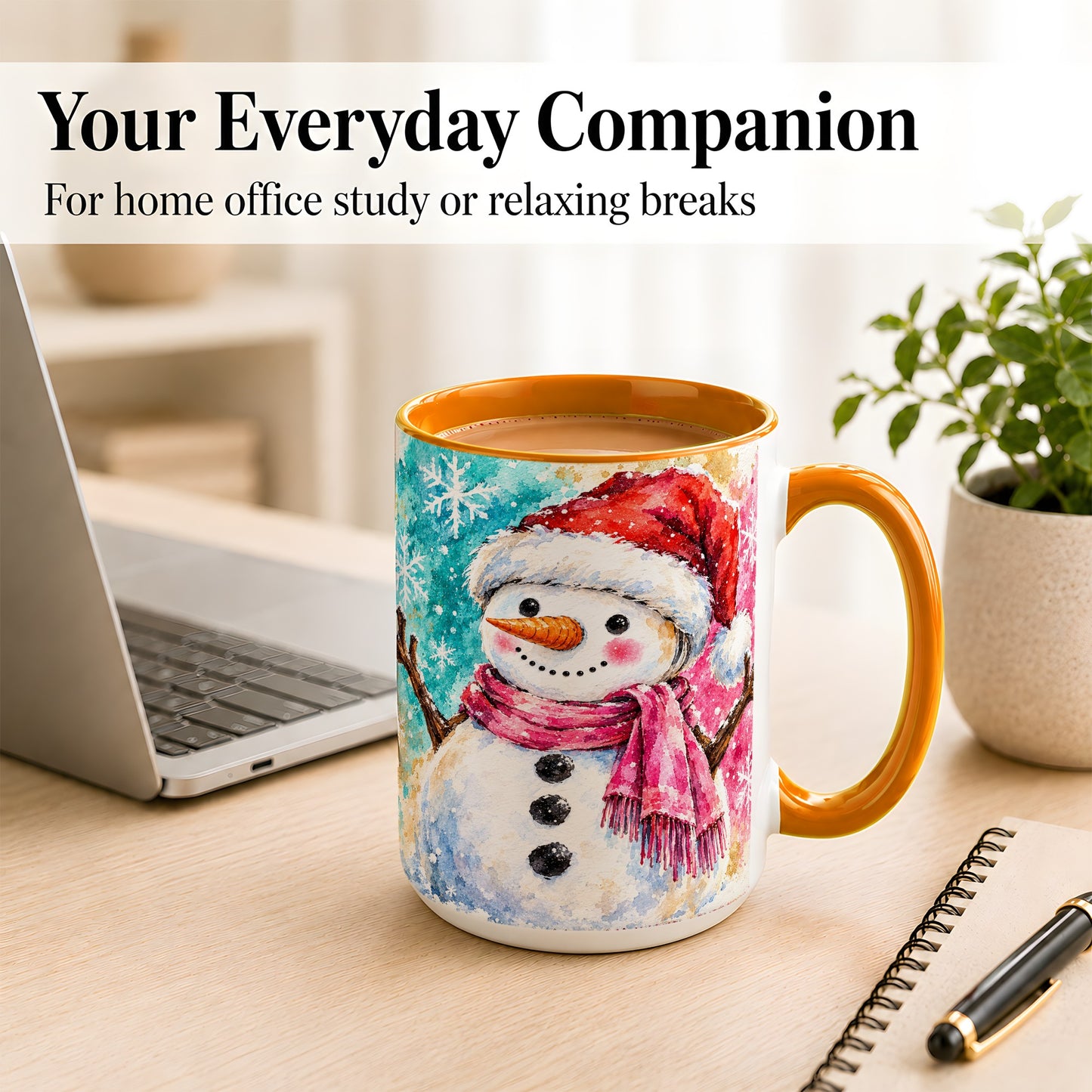 #pl[15oz|Orange] Snowman Santa Hat Coffee Mug, Pink Scarf Snowman Mug, Ceramic Cup