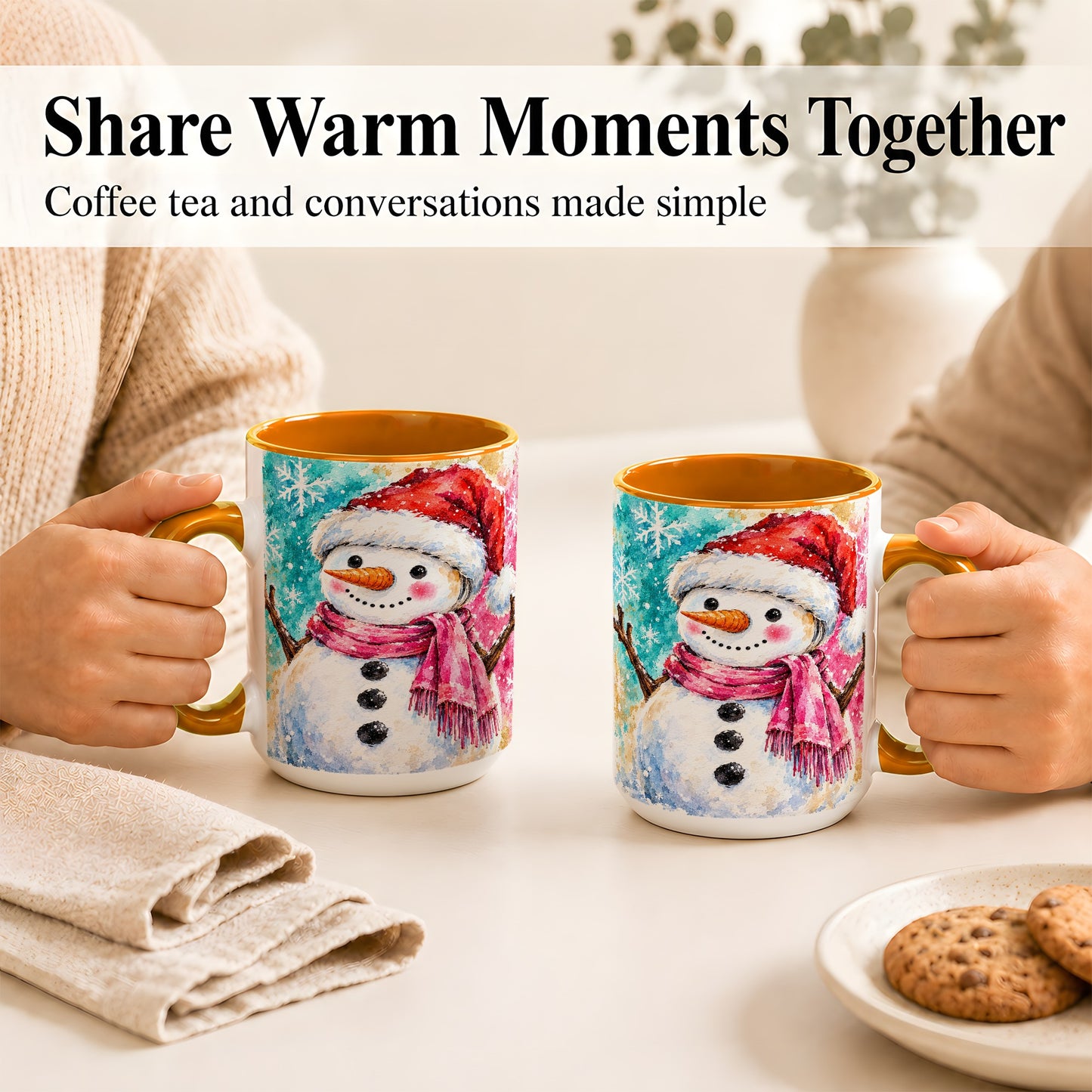 #pl[15oz|Orange] Snowman Santa Hat Coffee Mug, Pink Scarf Snowman Mug, Ceramic Cup