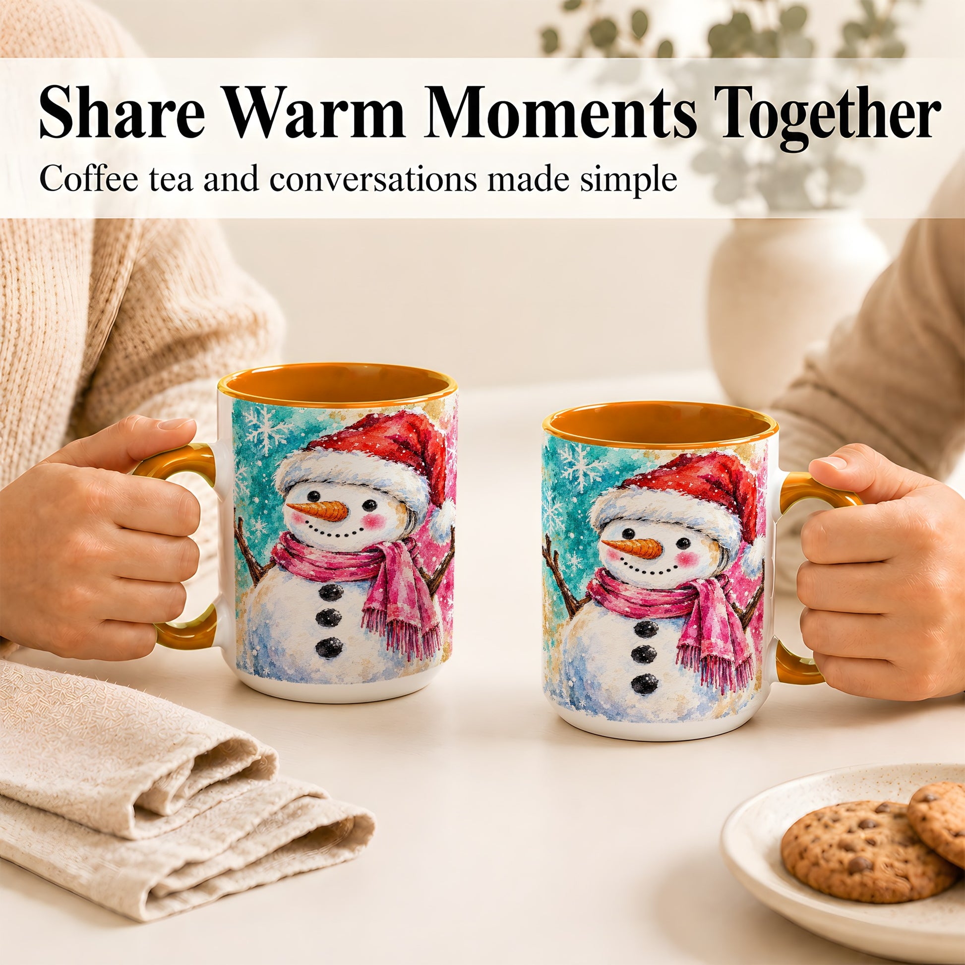 #pl[15oz|Orange] Snowman Santa Hat Coffee Mug, Pink Scarf Snowman Mug, Ceramic Cup