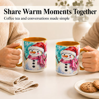 #pl[15oz|Orange] Snowman Santa Hat Coffee Mug, Pink Scarf Snowman Mug, Ceramic Cup