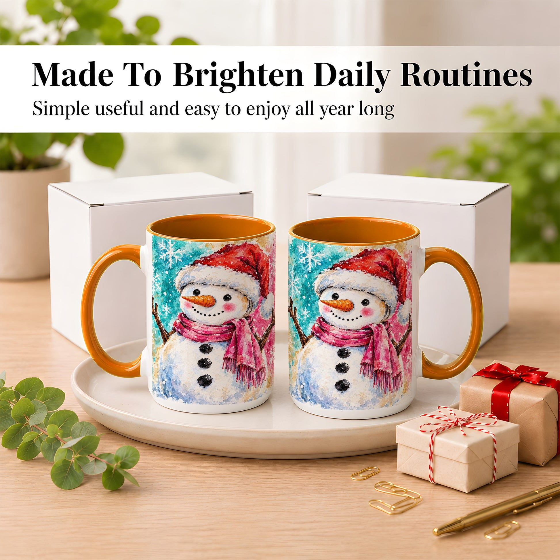 #pl[15oz|Orange] Snowman Santa Hat Coffee Mug, Pink Scarf Snowman Mug, Ceramic Cup