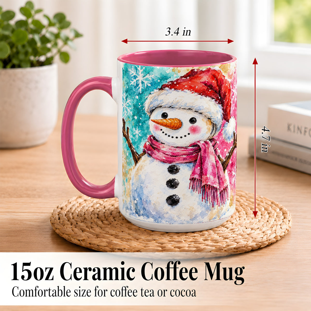 #pl[15oz|Pink] Snowman Santa Hat Coffee Mug, Pink Scarf Snowman Mug, Ceramic Cup