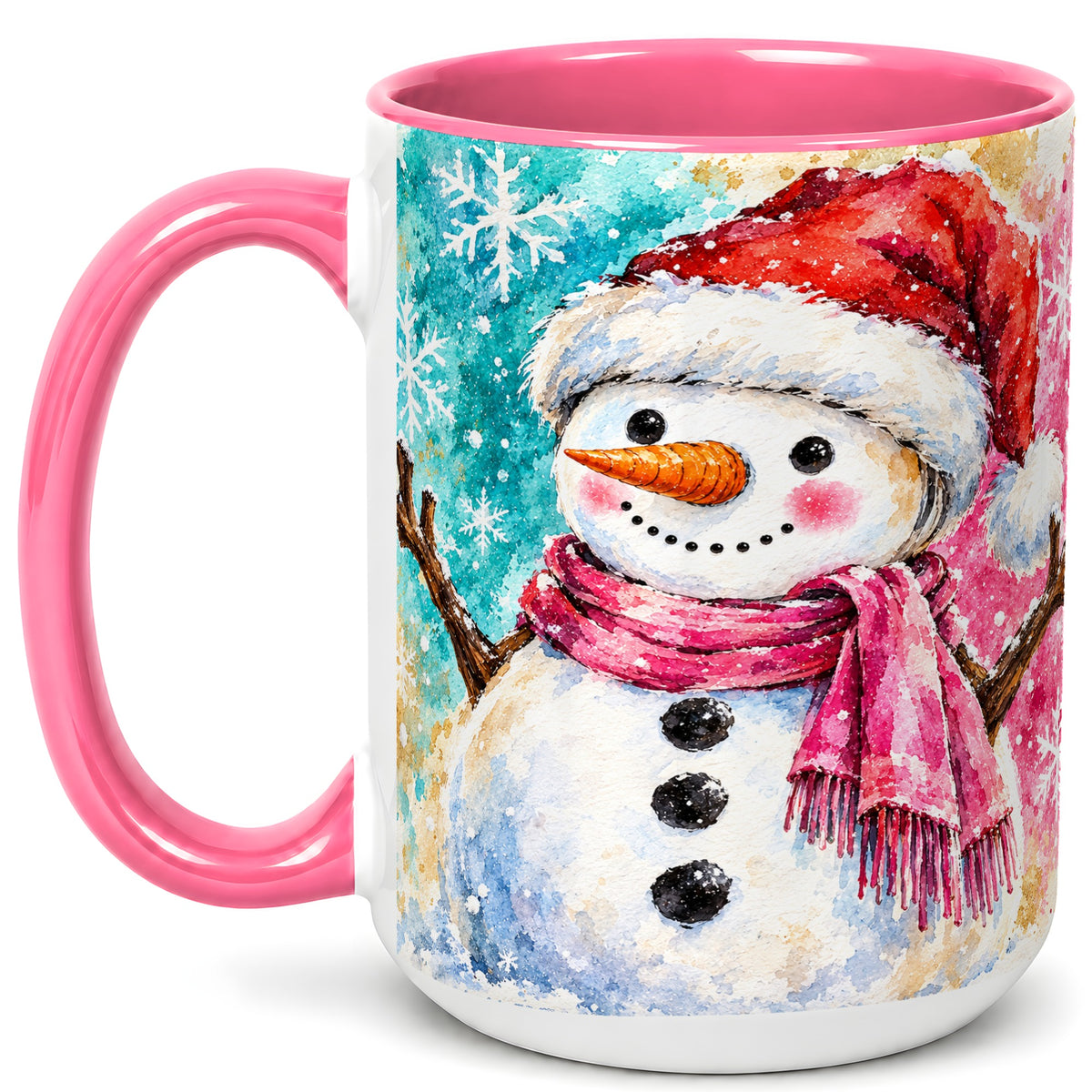 #pl[15oz|Pink] Snowman Santa Hat Coffee Mug, Pink Scarf Snowman Mug, Ceramic Cup