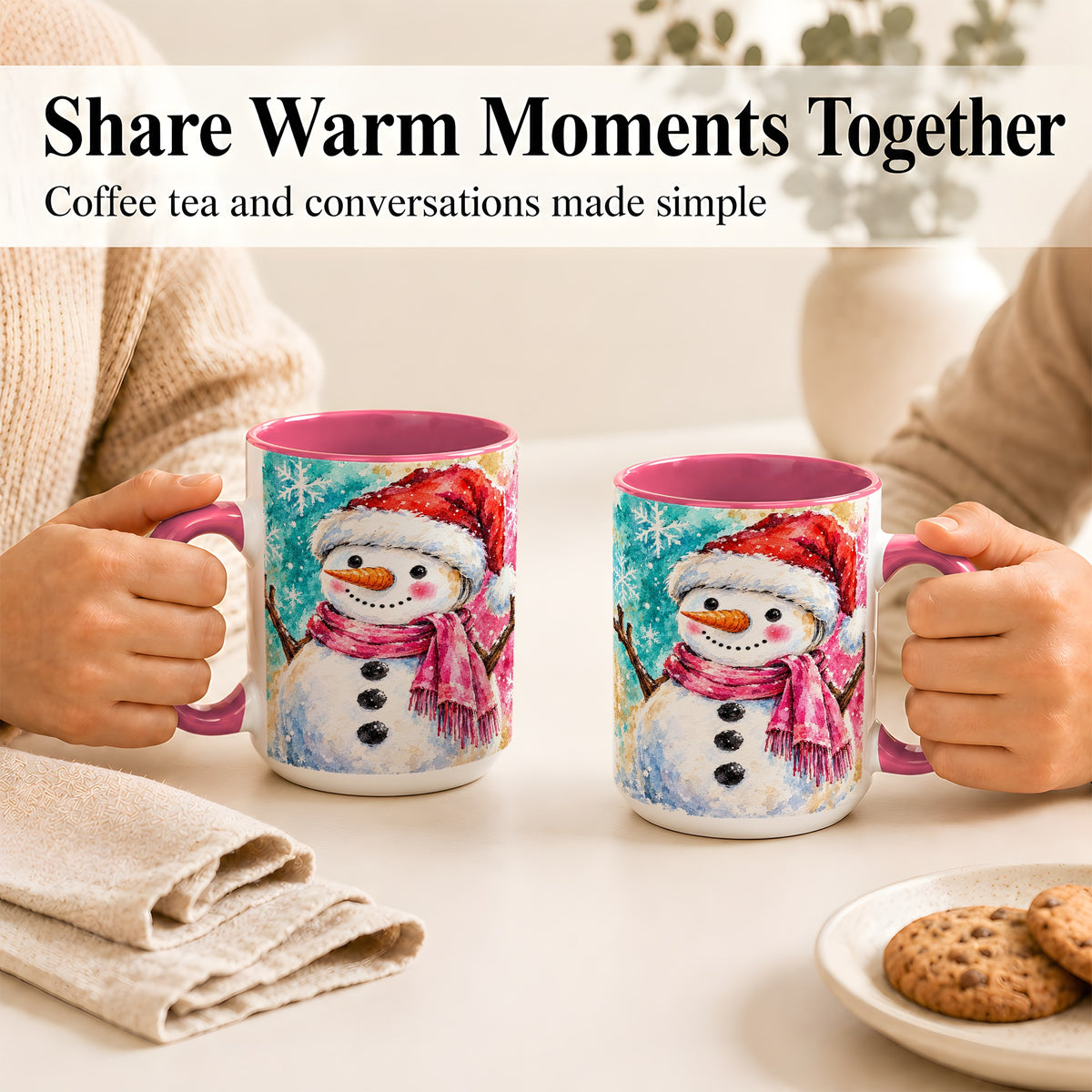 #pl[15oz|Pink] Snowman Santa Hat Coffee Mug, Pink Scarf Snowman Mug, Ceramic Cup