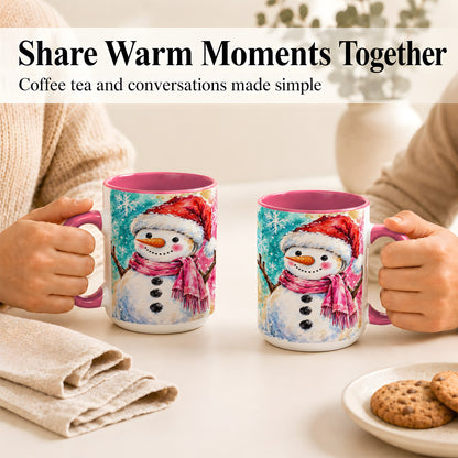 #pl[15oz|Pink] Snowman Santa Hat Coffee Mug, Pink Scarf Snowman Mug, Ceramic Cup