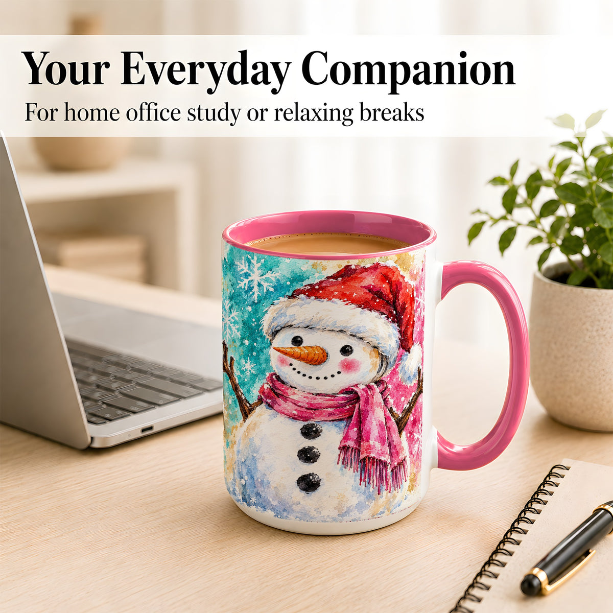 #pl[15oz|Pink] Snowman Santa Hat Coffee Mug, Pink Scarf Snowman Mug, Ceramic Cup