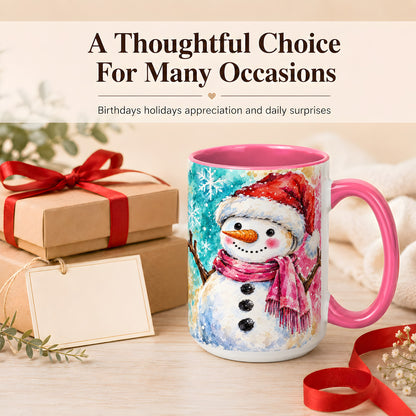 #pl[15oz|Pink] Snowman Santa Hat Coffee Mug, Pink Scarf Snowman Mug, Ceramic Cup
