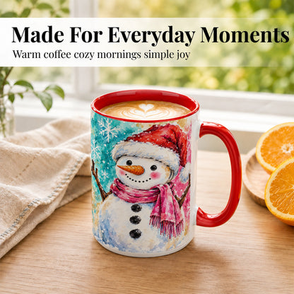 #pl[15oz|Red] Snowman Santa Hat Coffee Mug, Pink Scarf Snowman Mug, Ceramic Cup