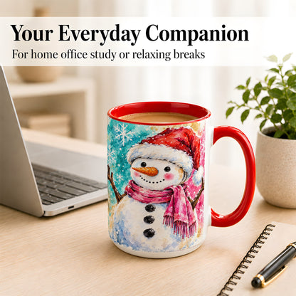 #pl[15oz|Red] Snowman Santa Hat Coffee Mug, Pink Scarf Snowman Mug, Ceramic Cup