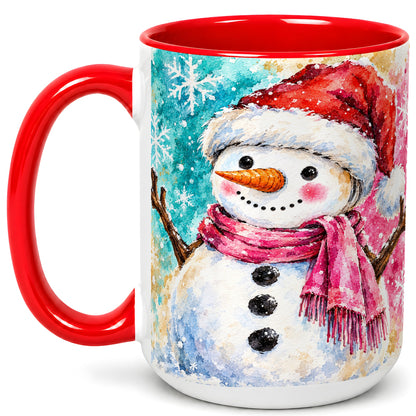 #pl[15oz|Red] Snowman Santa Hat Coffee Mug, Pink Scarf Snowman Mug, Ceramic Cup