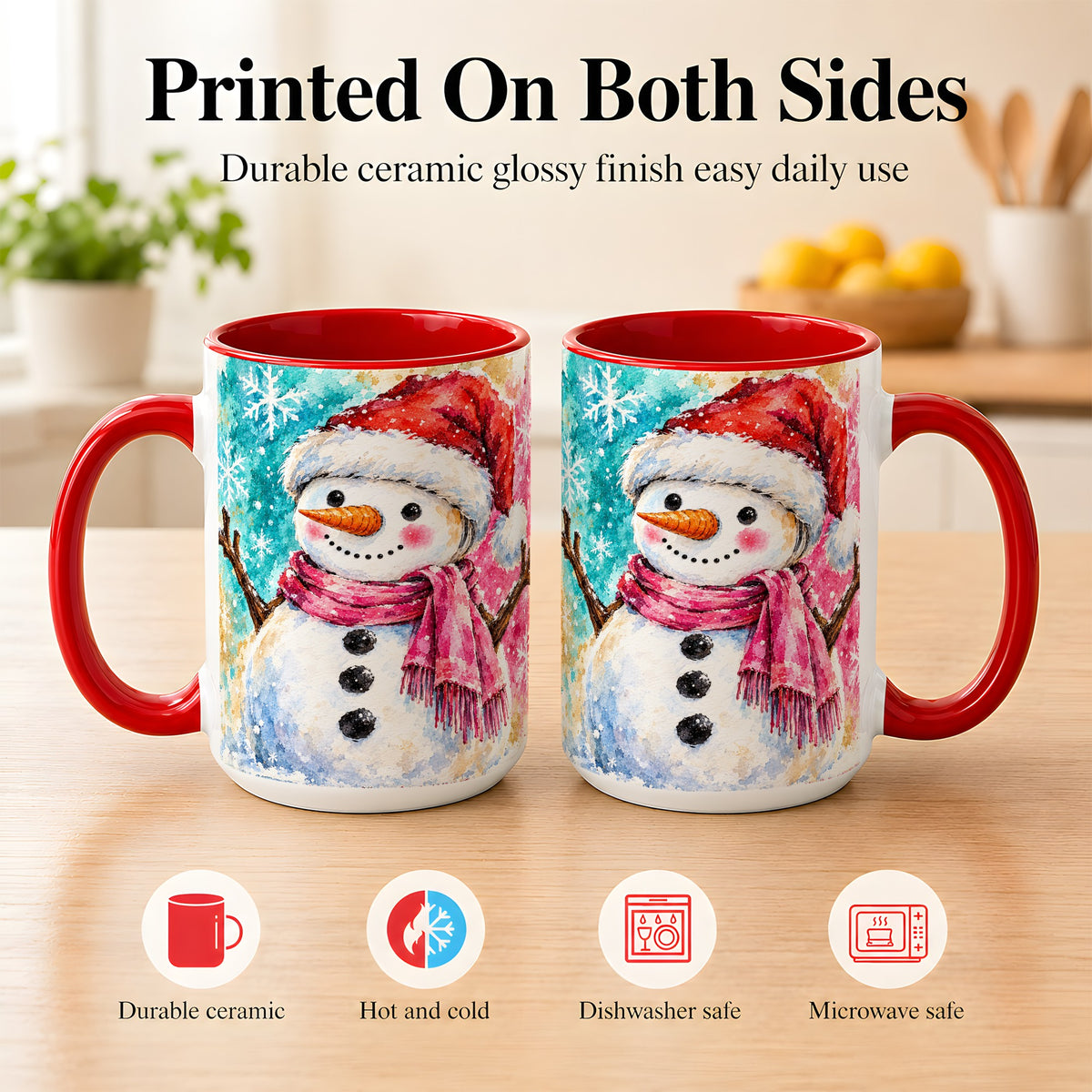 #pl[15oz|Red] Snowman Santa Hat Coffee Mug, Pink Scarf Snowman Mug, Ceramic Cup