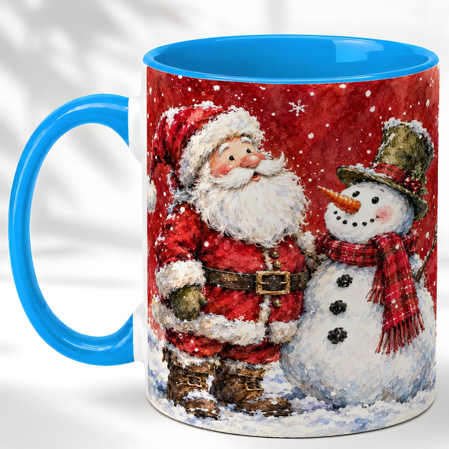 #pl[11oz|Blue] Santa Snowman Coffee Mug, Classic Christmas Duo Mug, Ceramic Cup