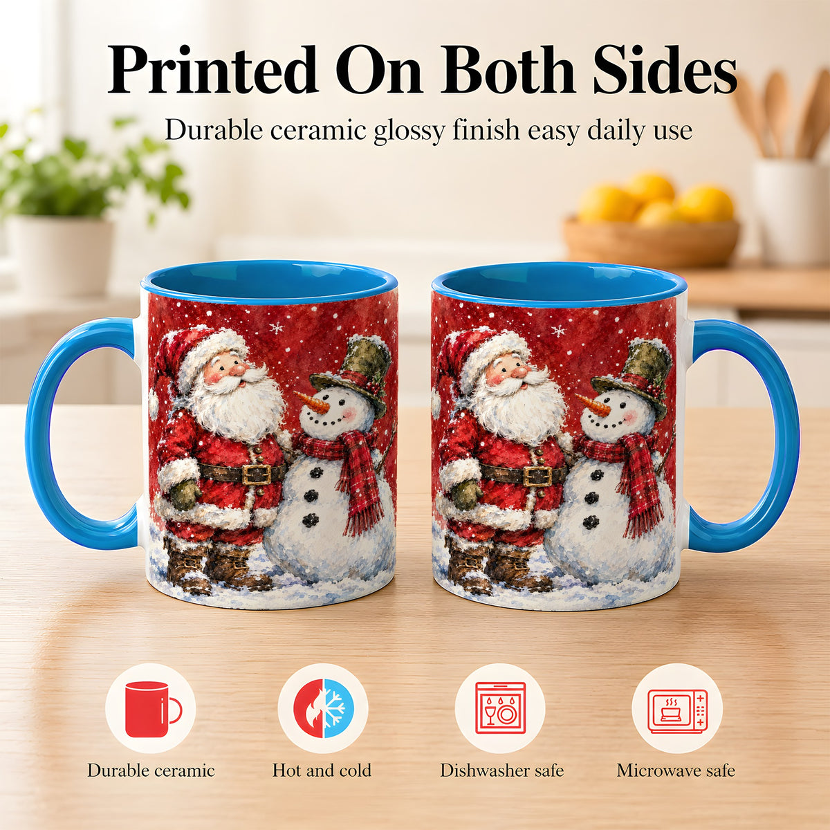 #pl[11oz|Blue] Santa Snowman Coffee Mug, Classic Christmas Duo Mug, Ceramic Cup