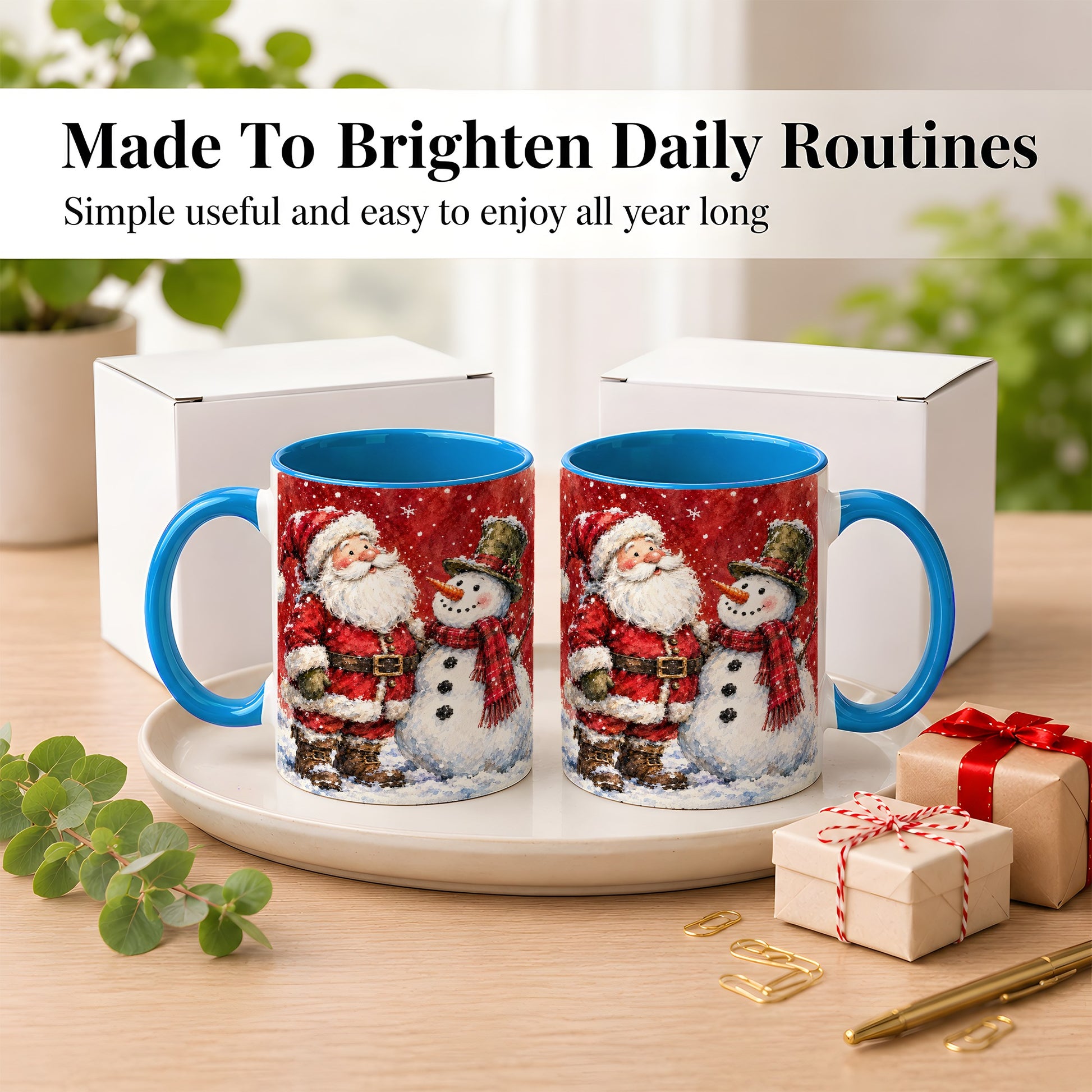 #pl[11oz|Blue] Santa Snowman Coffee Mug, Classic Christmas Duo Mug, Ceramic Cup