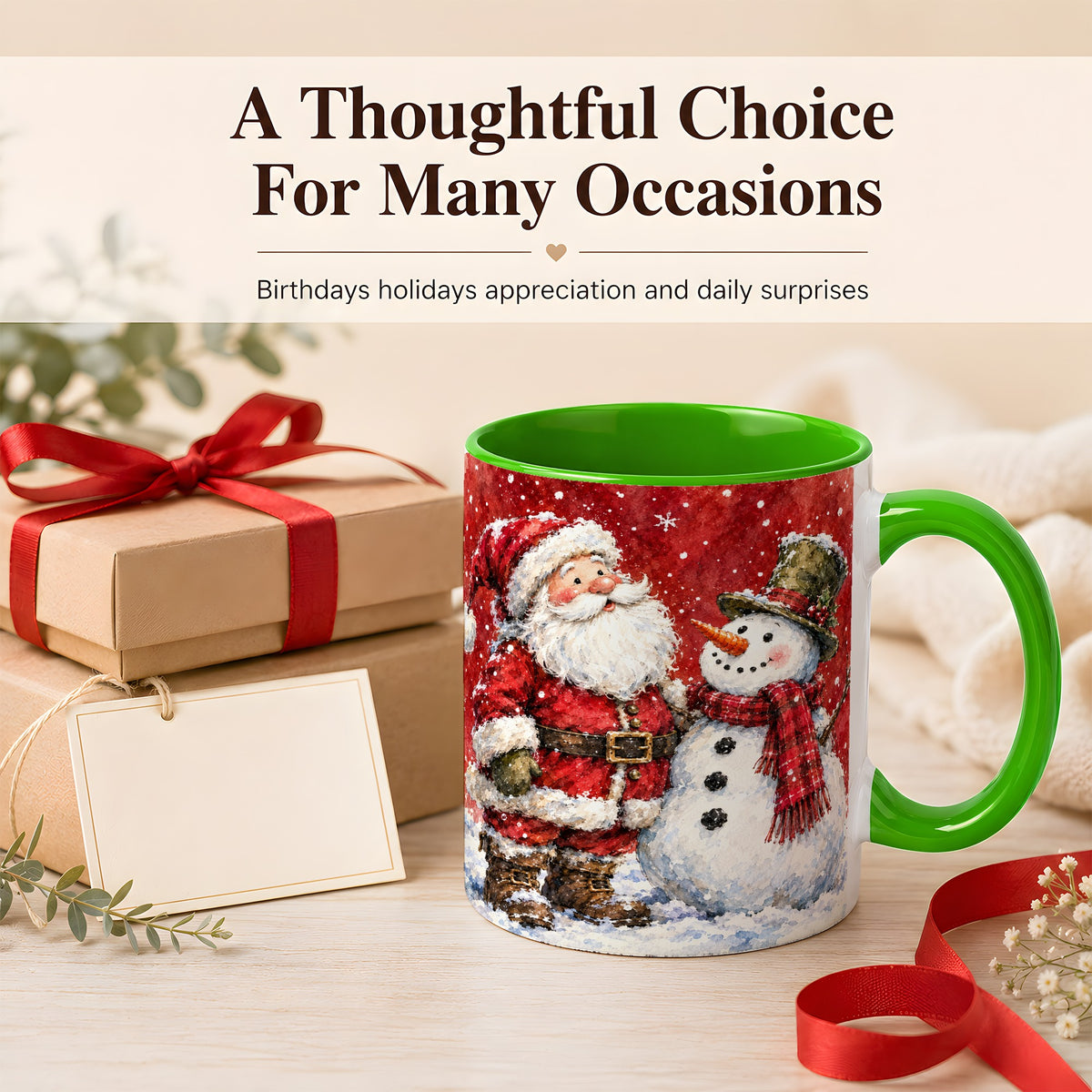 #pl[11oz|Green] Santa Snowman Coffee Mug, Classic Christmas Duo Mug, Ceramic Cup