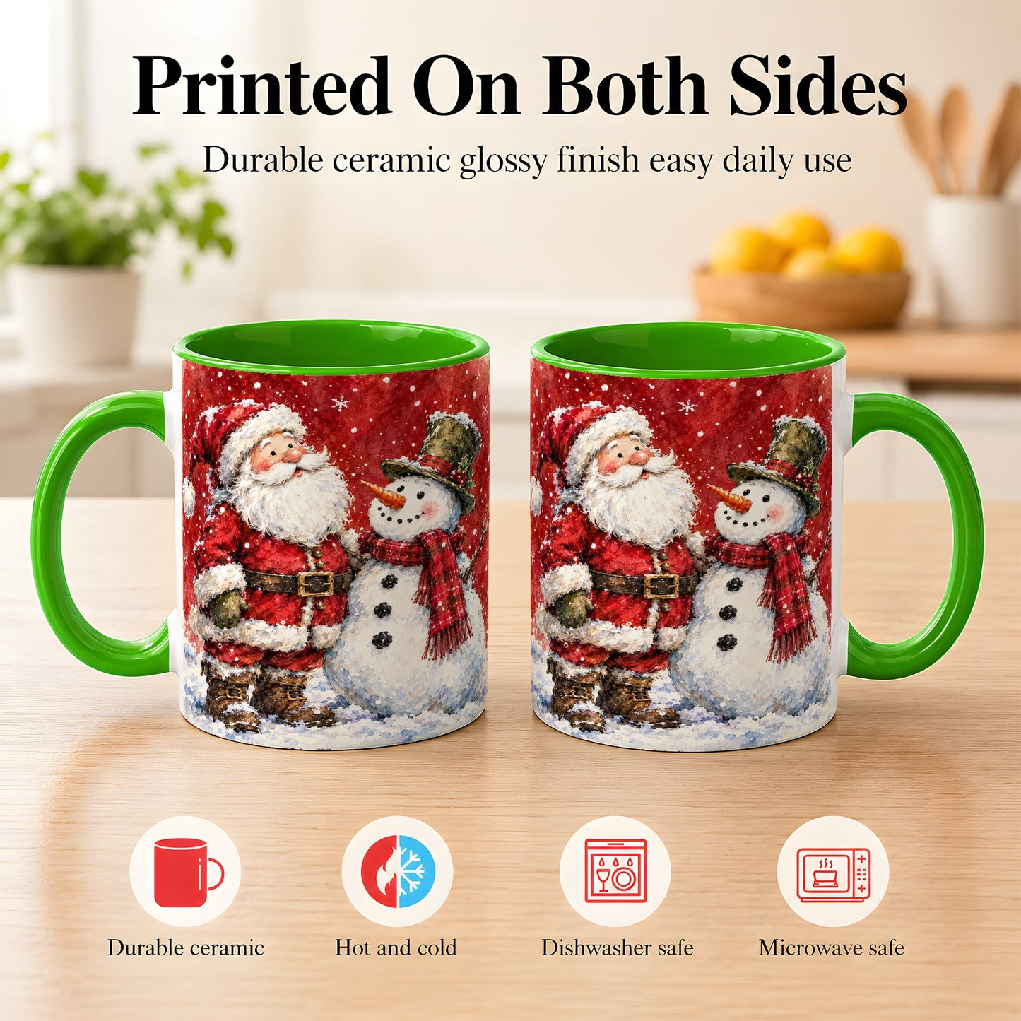 #pl[11oz|Green] Santa Snowman Coffee Mug, Classic Christmas Duo Mug, Ceramic Cup