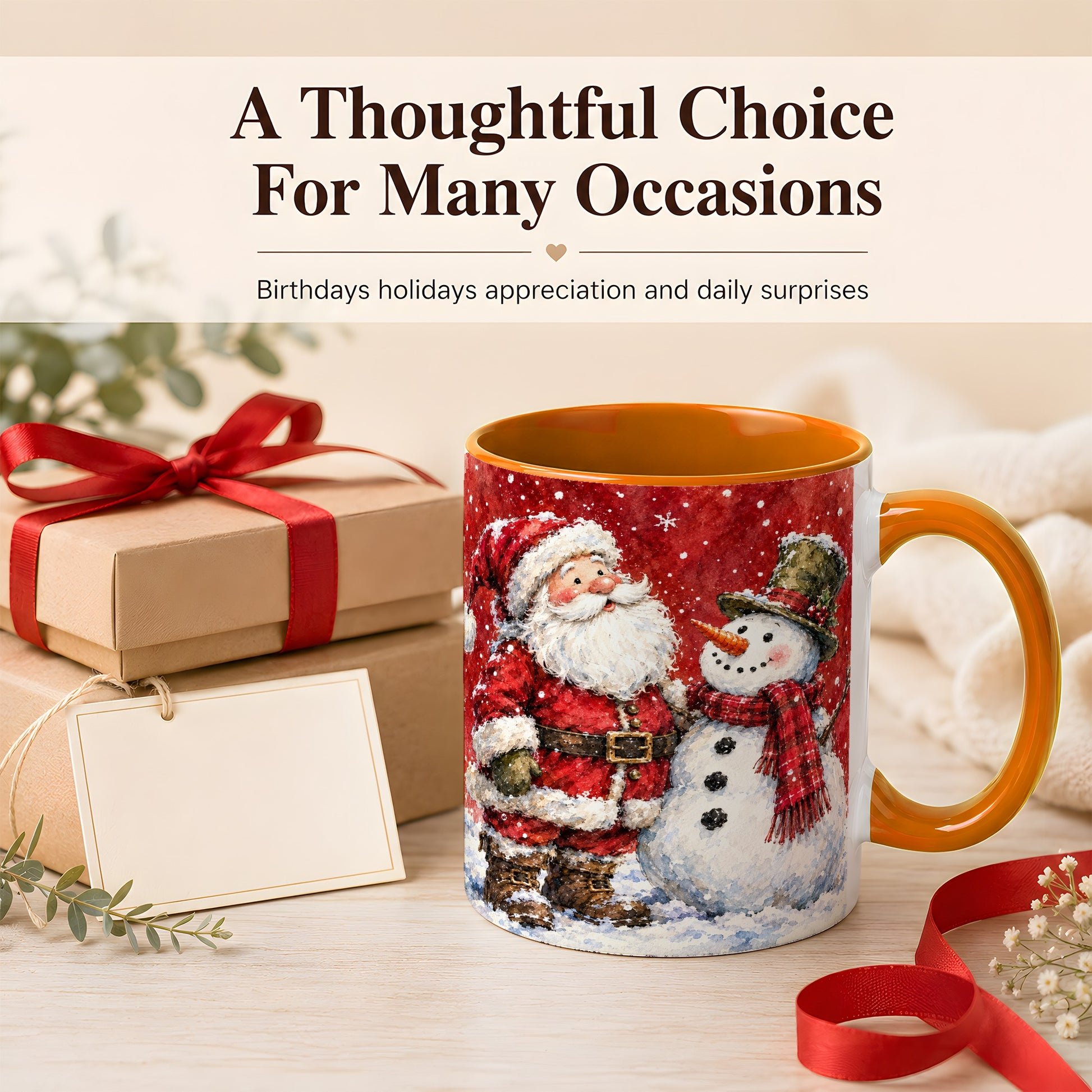 #pl[11oz|Orange] Santa Snowman Coffee Mug, Classic Christmas Duo Mug, Ceramic Cup
