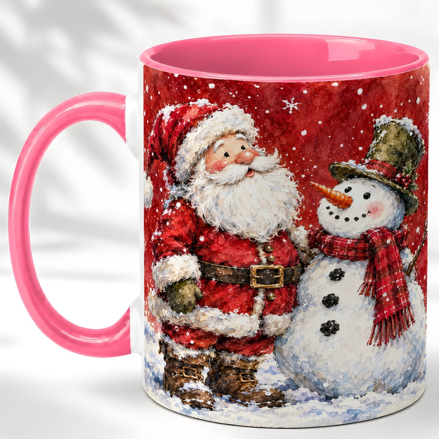 #pl[11oz|Pink] Santa Snowman Coffee Mug, Classic Christmas Duo Mug, Ceramic Cup