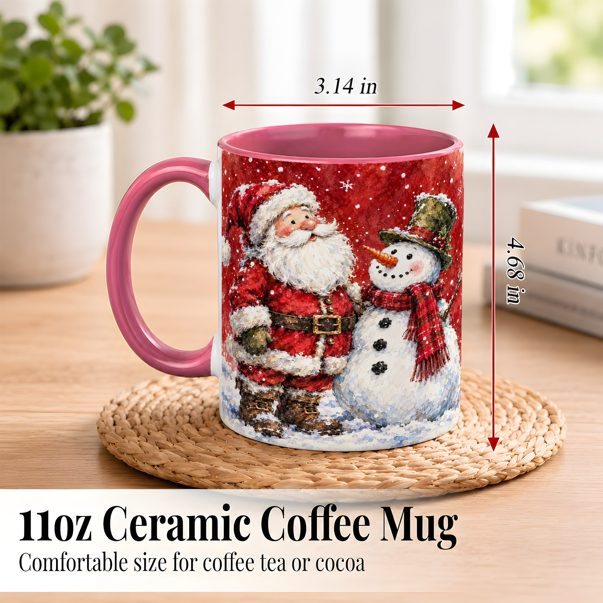 #pl[11oz|Pink] Santa Snowman Coffee Mug, Classic Christmas Duo Mug, Ceramic Cup