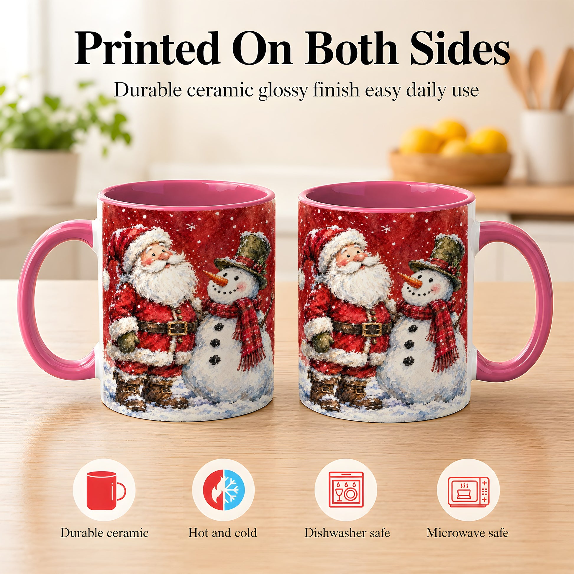 #pl[11oz|Pink] Santa Snowman Coffee Mug, Classic Christmas Duo Mug, Ceramic Cup