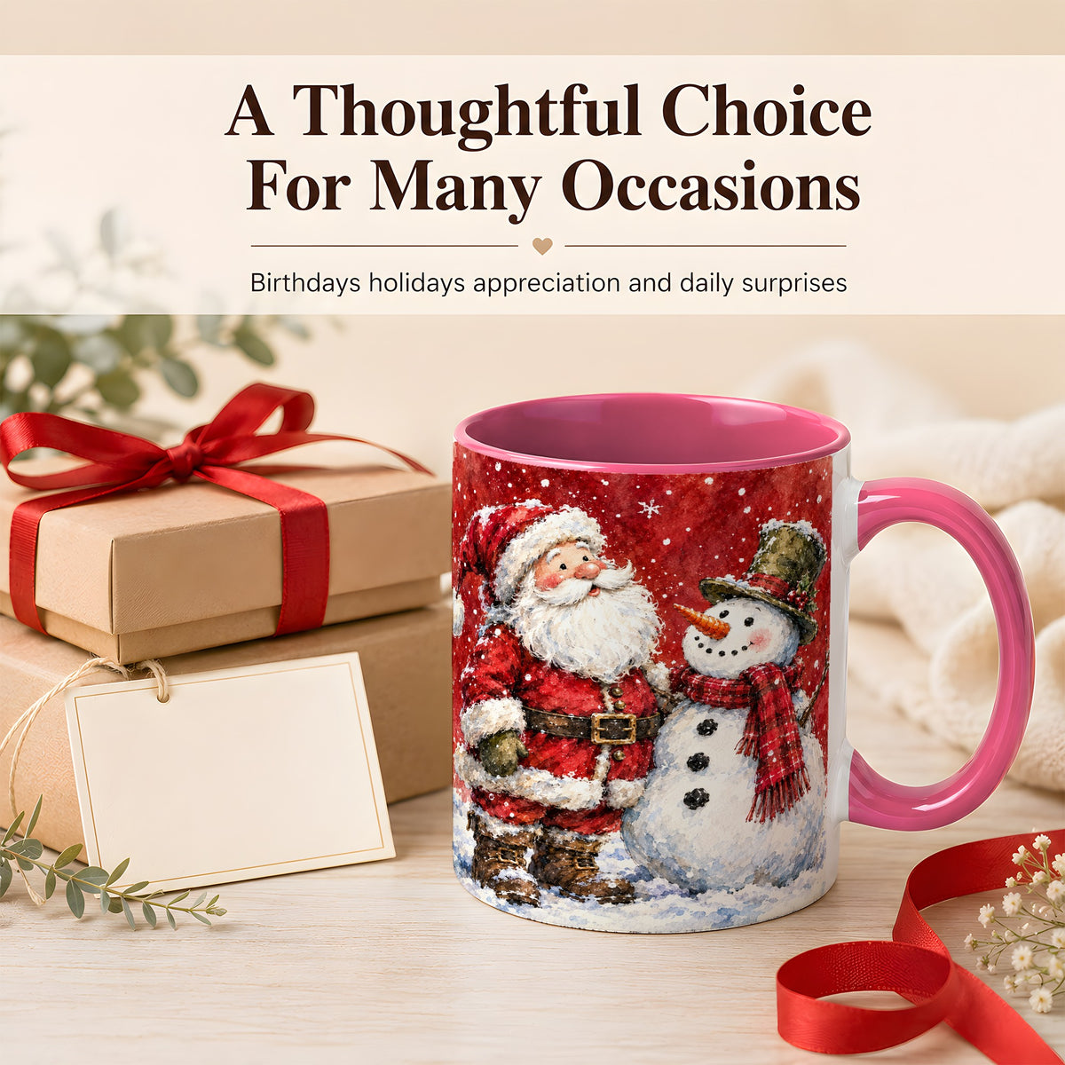 #pl[11oz|Pink] Santa Snowman Coffee Mug, Classic Christmas Duo Mug, Ceramic Cup