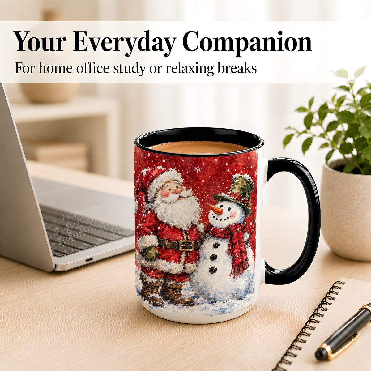#pl[15oz|Black] Santa Snowman Coffee Mug, Classic Christmas Duo Mug, Ceramic Cup