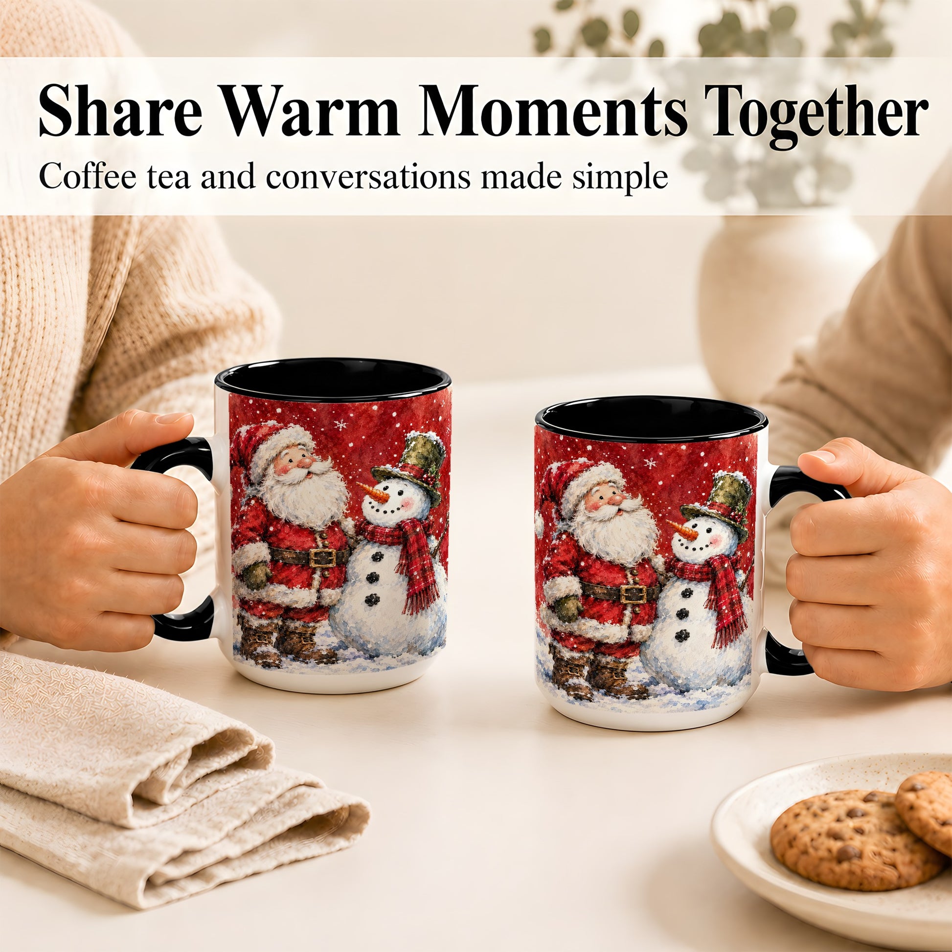 #pl[15oz|Black] Santa Snowman Coffee Mug, Classic Christmas Duo Mug, Ceramic Cup