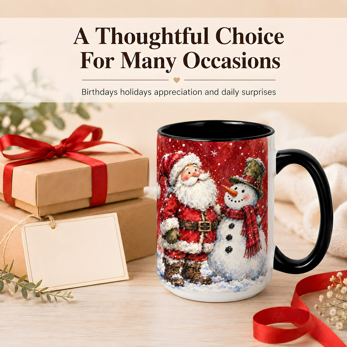 #pl[15oz|Black] Santa Snowman Coffee Mug, Classic Christmas Duo Mug, Ceramic Cup