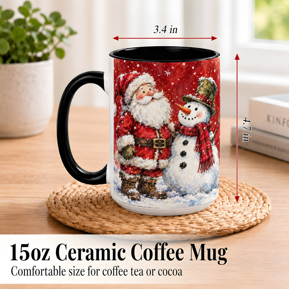 #pl[15oz|Black] Santa Snowman Coffee Mug, Classic Christmas Duo Mug, Ceramic Cup