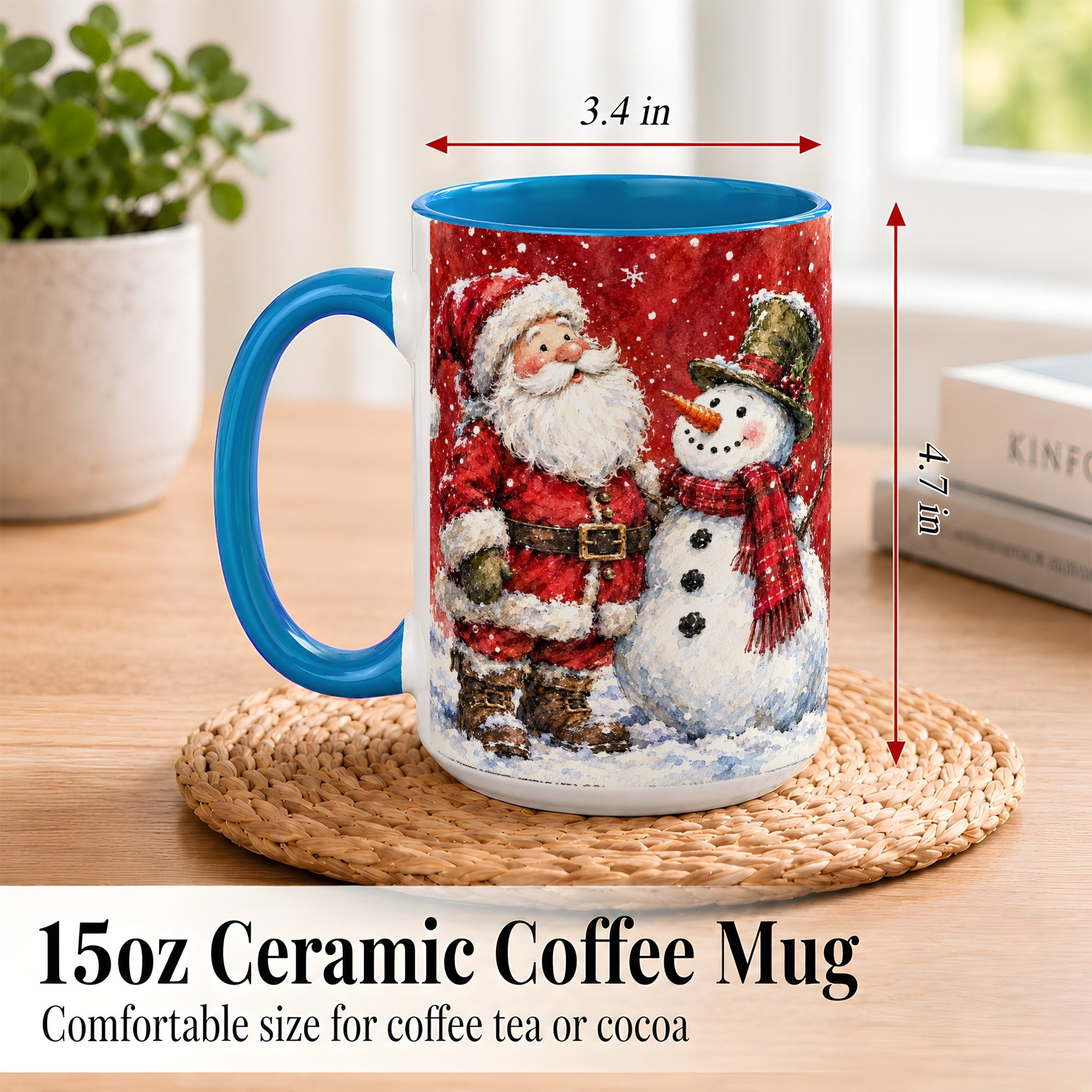 #pl[15oz|Blue] Santa Snowman Coffee Mug, Classic Christmas Duo Mug, Ceramic Cup