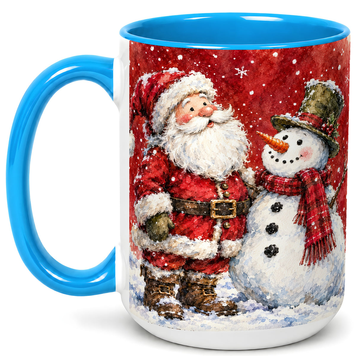 #pl[15oz|Blue] Santa Snowman Coffee Mug, Classic Christmas Duo Mug, Ceramic Cup