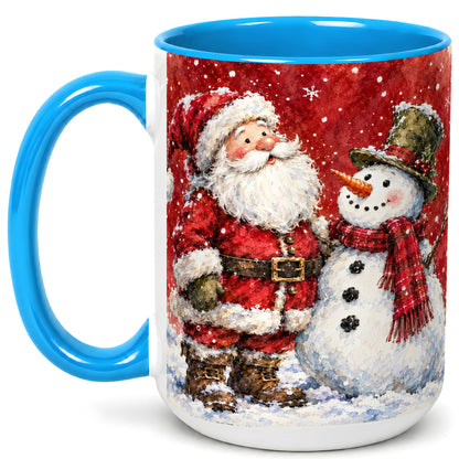 #pl[15oz|Blue] Santa Snowman Coffee Mug, Classic Christmas Duo Mug, Ceramic Cup