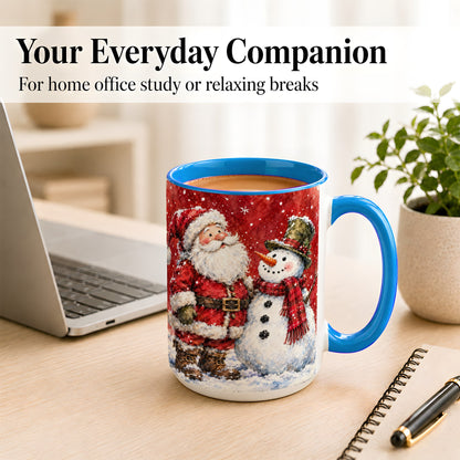 #pl[15oz|Blue] Santa Snowman Coffee Mug, Classic Christmas Duo Mug, Ceramic Cup