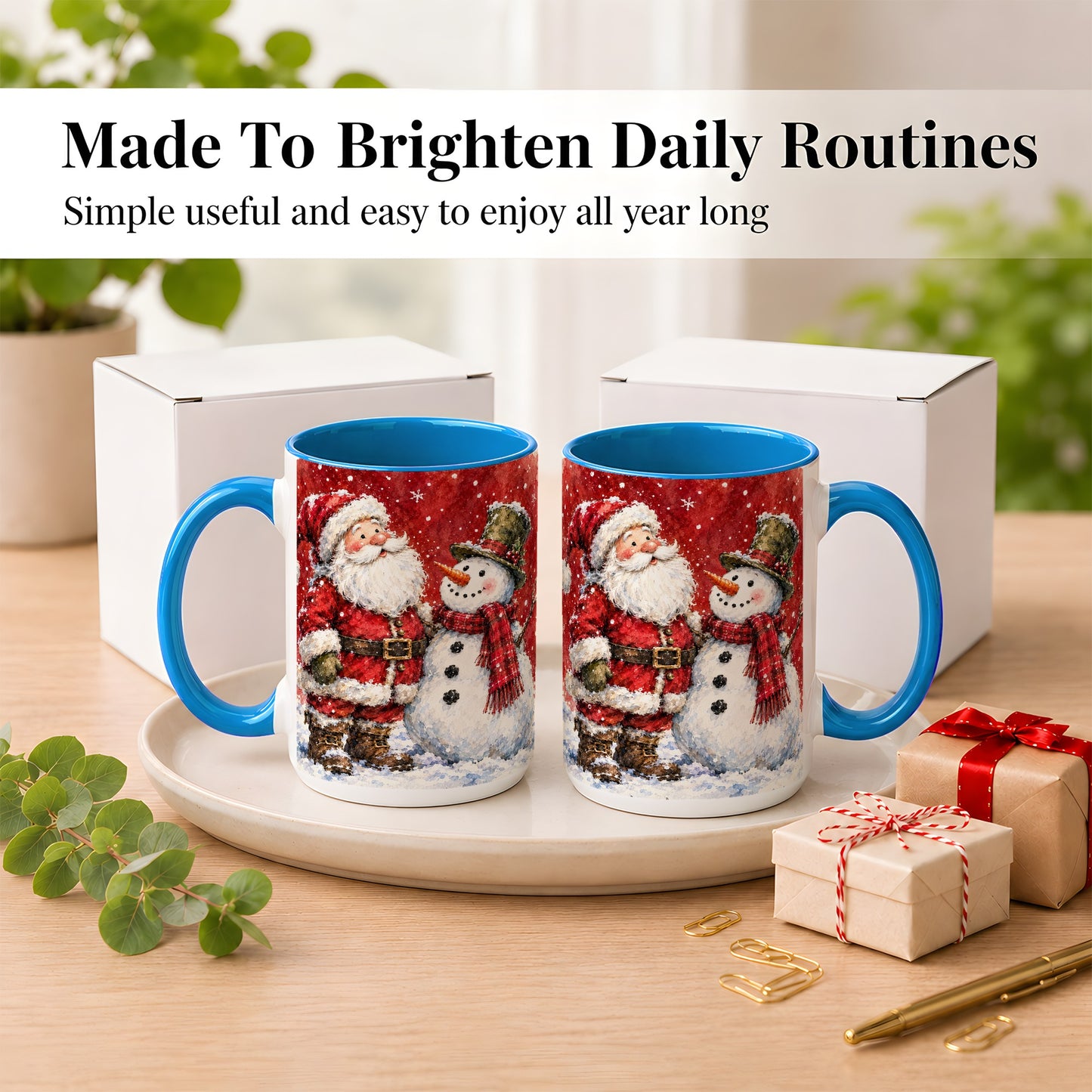 #pl[15oz|Blue] Santa Snowman Coffee Mug, Classic Christmas Duo Mug, Ceramic Cup