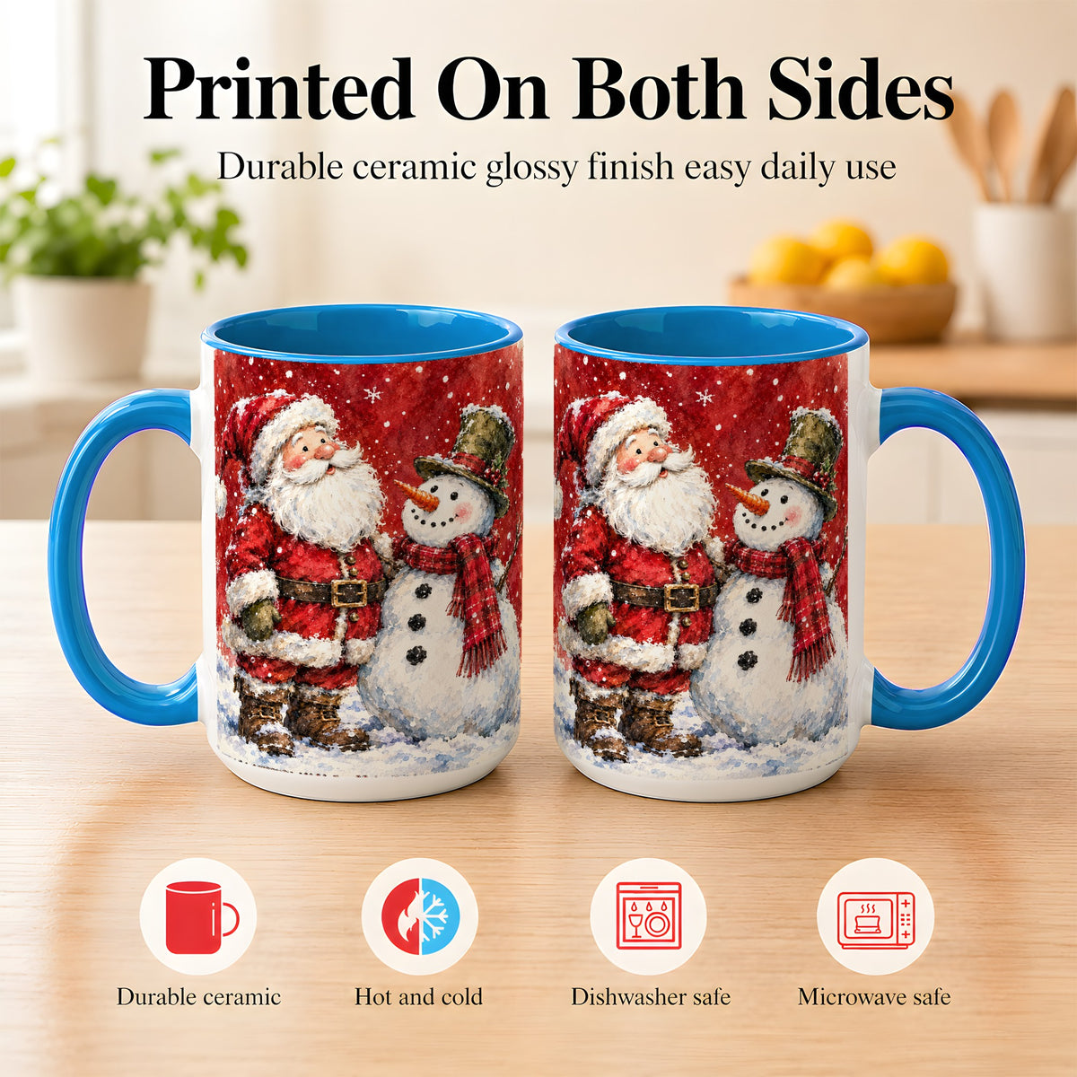 #pl[15oz|Blue] Santa Snowman Coffee Mug, Classic Christmas Duo Mug, Ceramic Cup