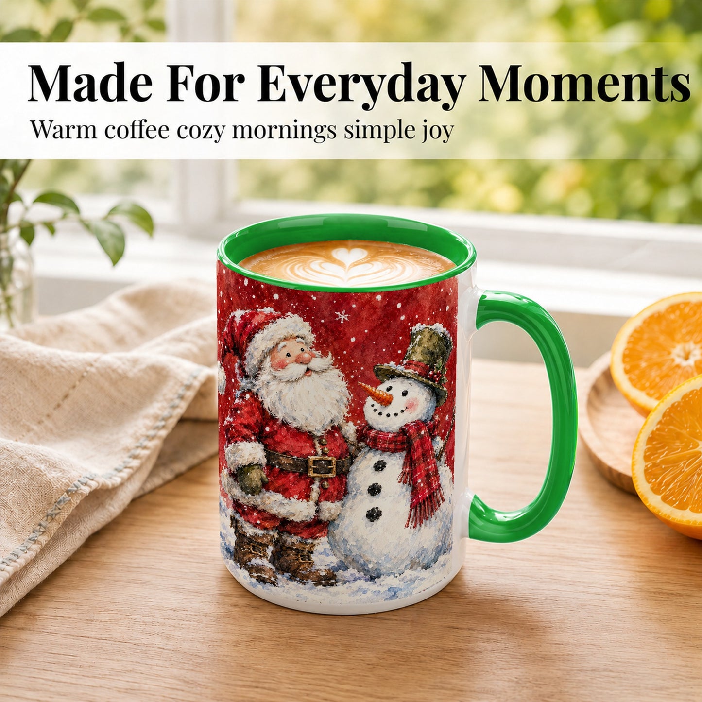 #pl[15oz|Green] Santa Snowman Coffee Mug, Classic Christmas Duo Mug, Ceramic Cup