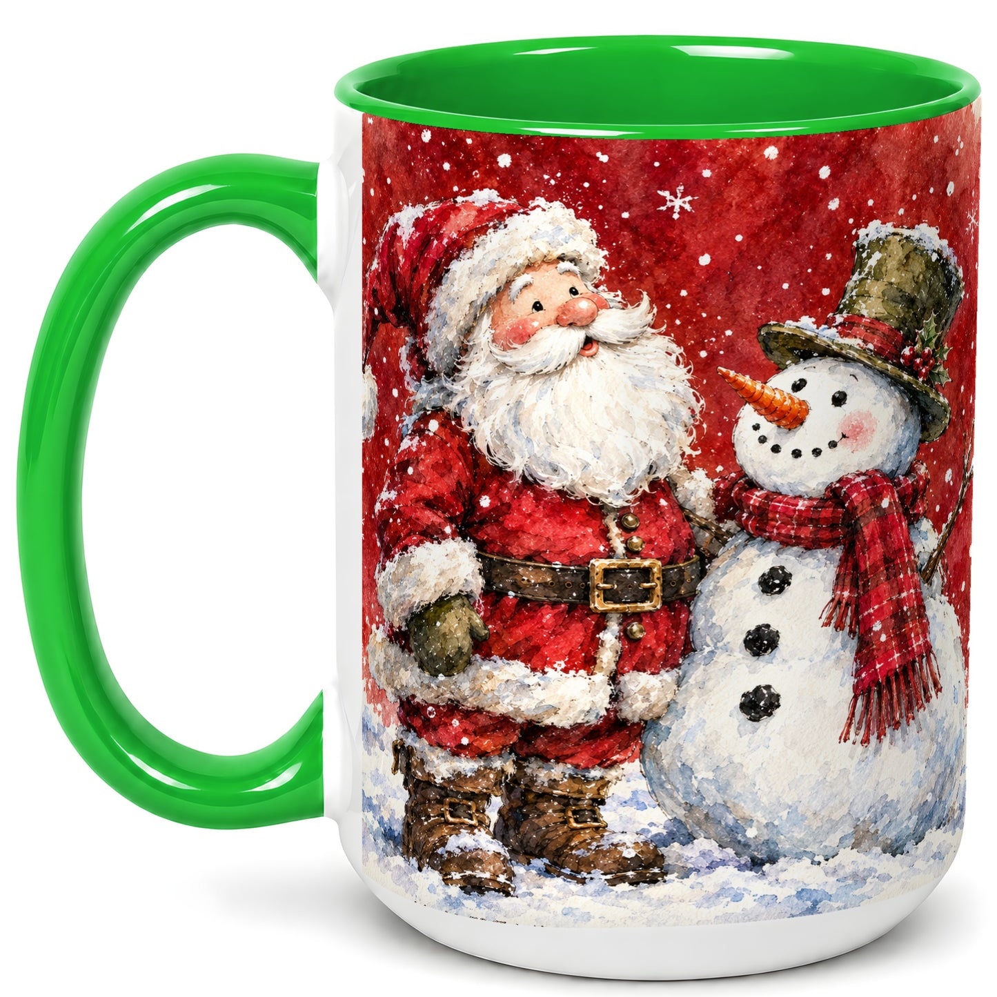 #pl[15oz|Green] Santa Snowman Coffee Mug, Classic Christmas Duo Mug, Ceramic Cup