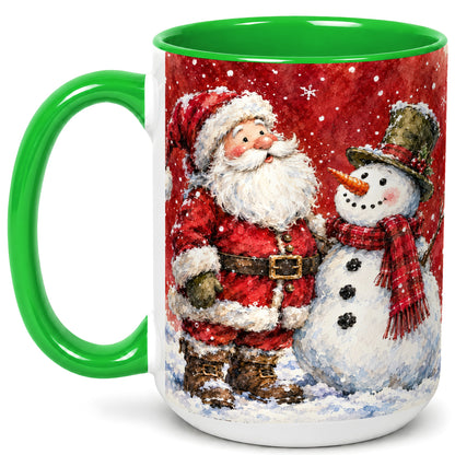 #pl[15oz|Green] Santa Snowman Coffee Mug, Classic Christmas Duo Mug, Ceramic Cup