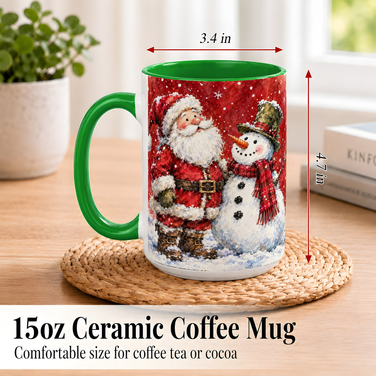 #pl[15oz|Green] Santa Snowman Coffee Mug, Classic Christmas Duo Mug, Ceramic Cup