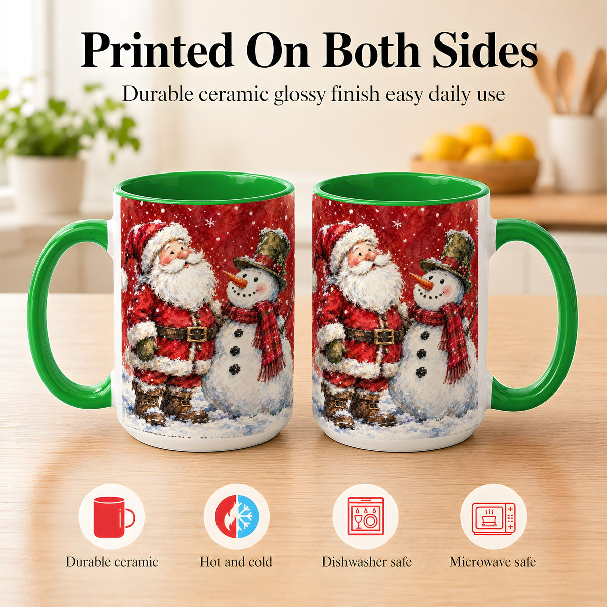 #pl[15oz|Green] Santa Snowman Coffee Mug, Classic Christmas Duo Mug, Ceramic Cup